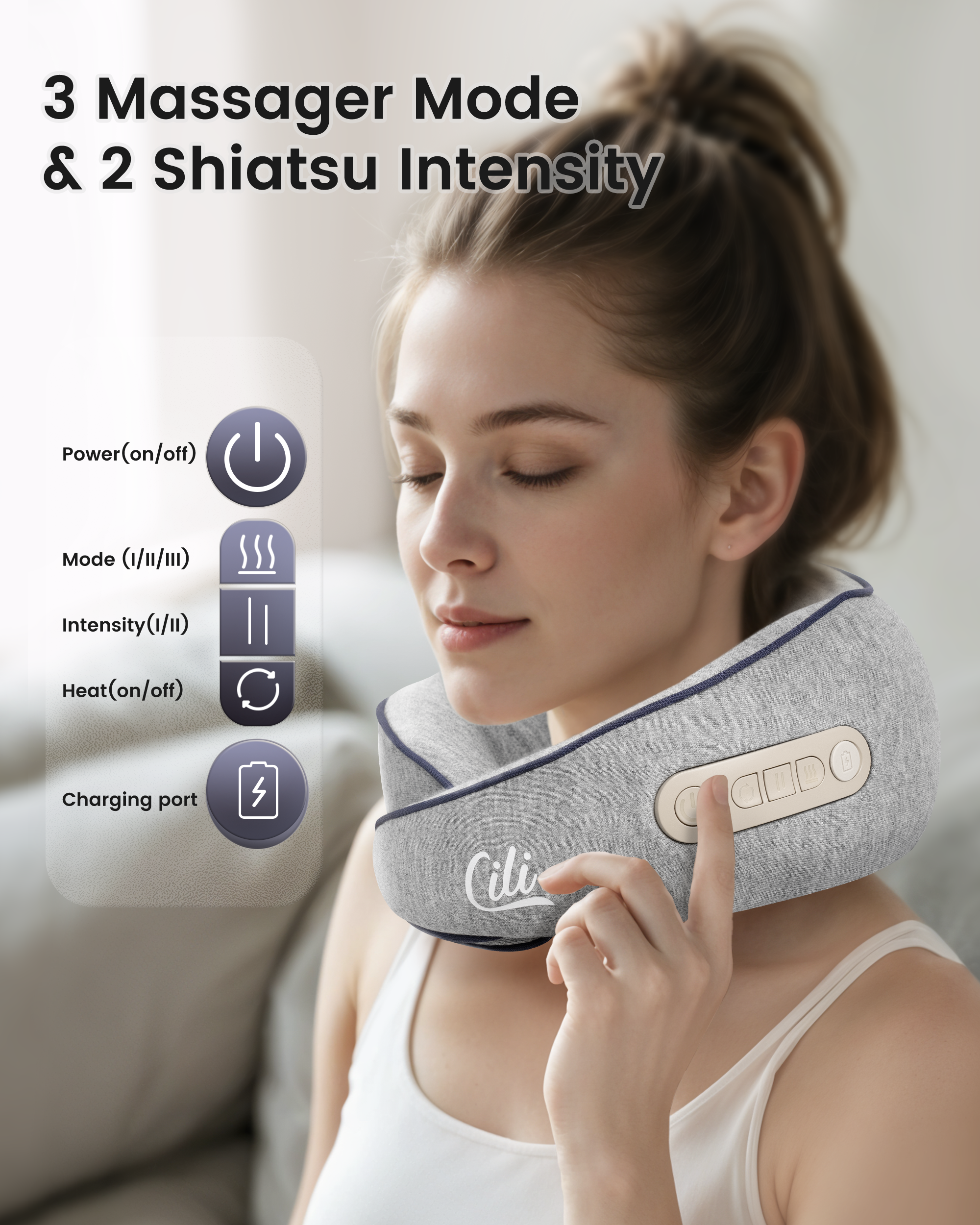 CiLi Cordless Neck Massager Pillow with Heat, Shiatsu Neck Massager for Pain Relief Deep Tissue, Neck Travel Pillow, 3 Adjustable Intensity CL-6476