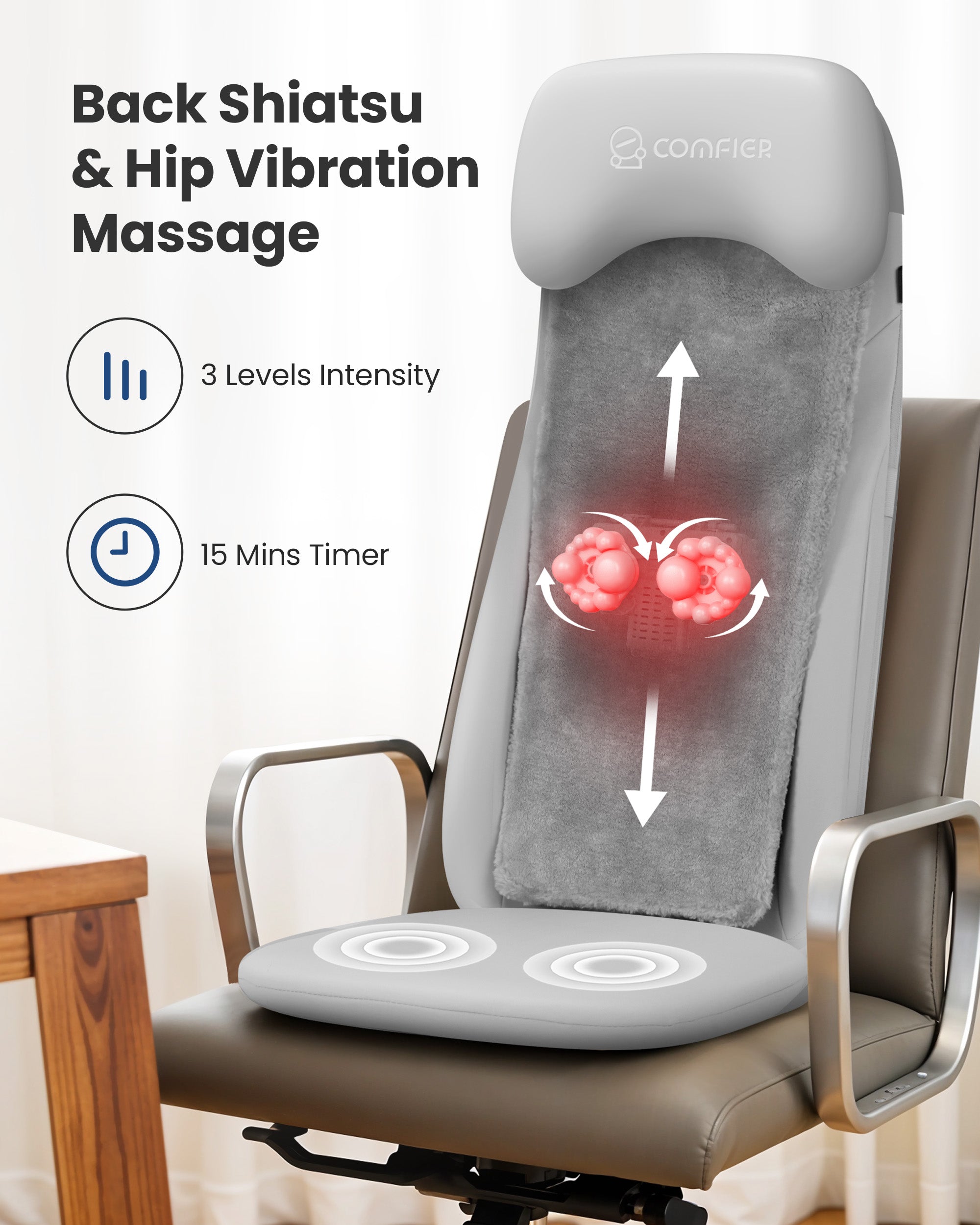 Comfier Shiatsu Back Massager with Heat, Deep Tissue Kneading Chair Massager with Vibration, 2D/3D Shiatu Massage Seat Cushion, Full Back Massage Chair Pad CF-2311