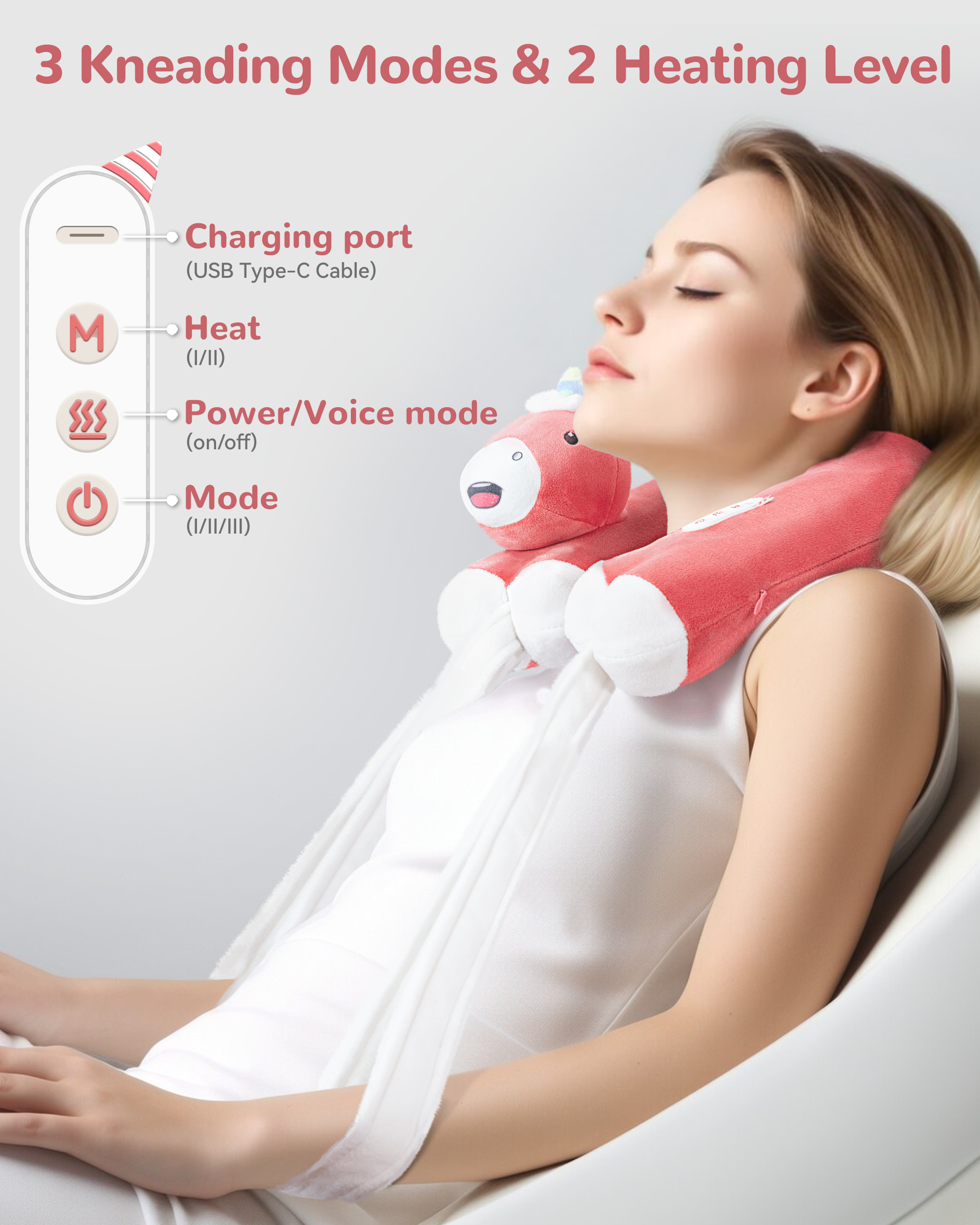 Comfier Neck Pillow for Traveling, Heated Travel Pillow with Kneading Massage, Neck Massager Pillow with Cute Unicorn Shape,Travel Neck Pillow for Airplane, Office, Home CF-6407