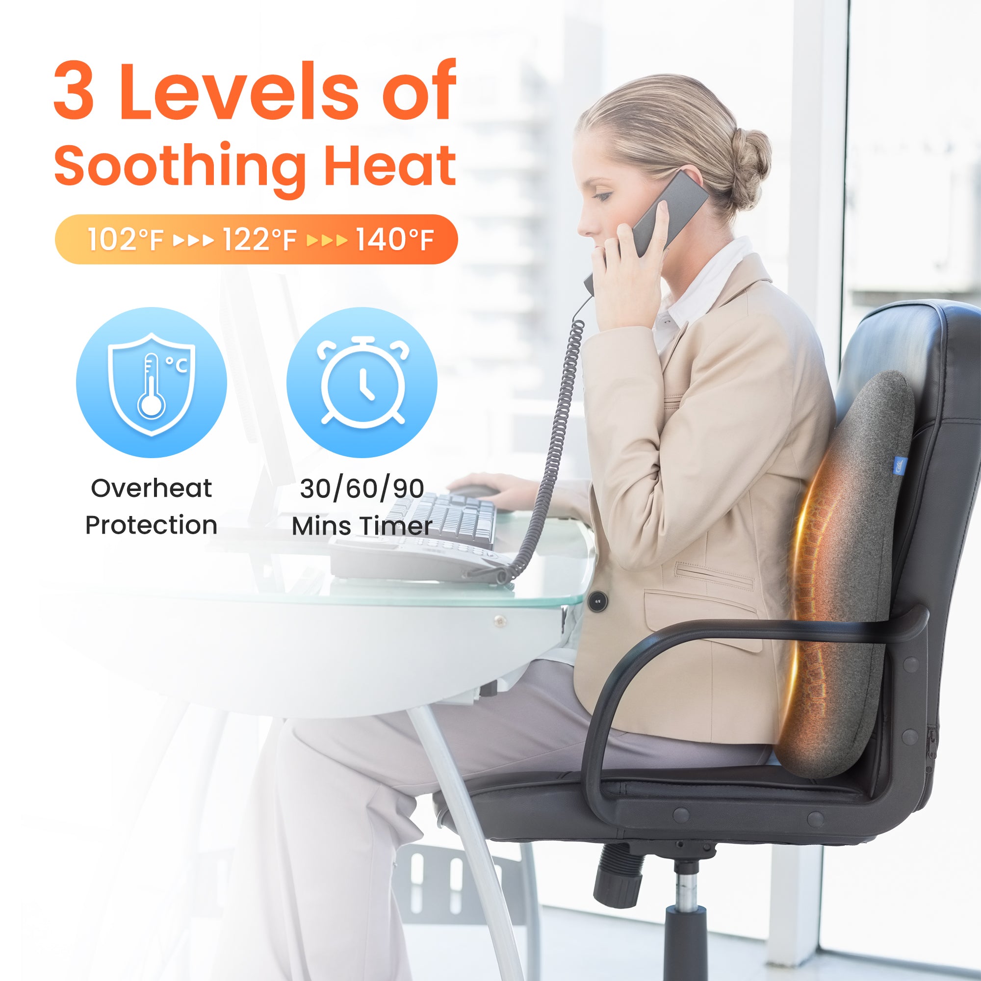 CILI Heated Lumbar Support Pillow for Office Chair, Ergonomic Back Support Cushion with Vibration, Memory Foam Chair Back Massager CL-1307