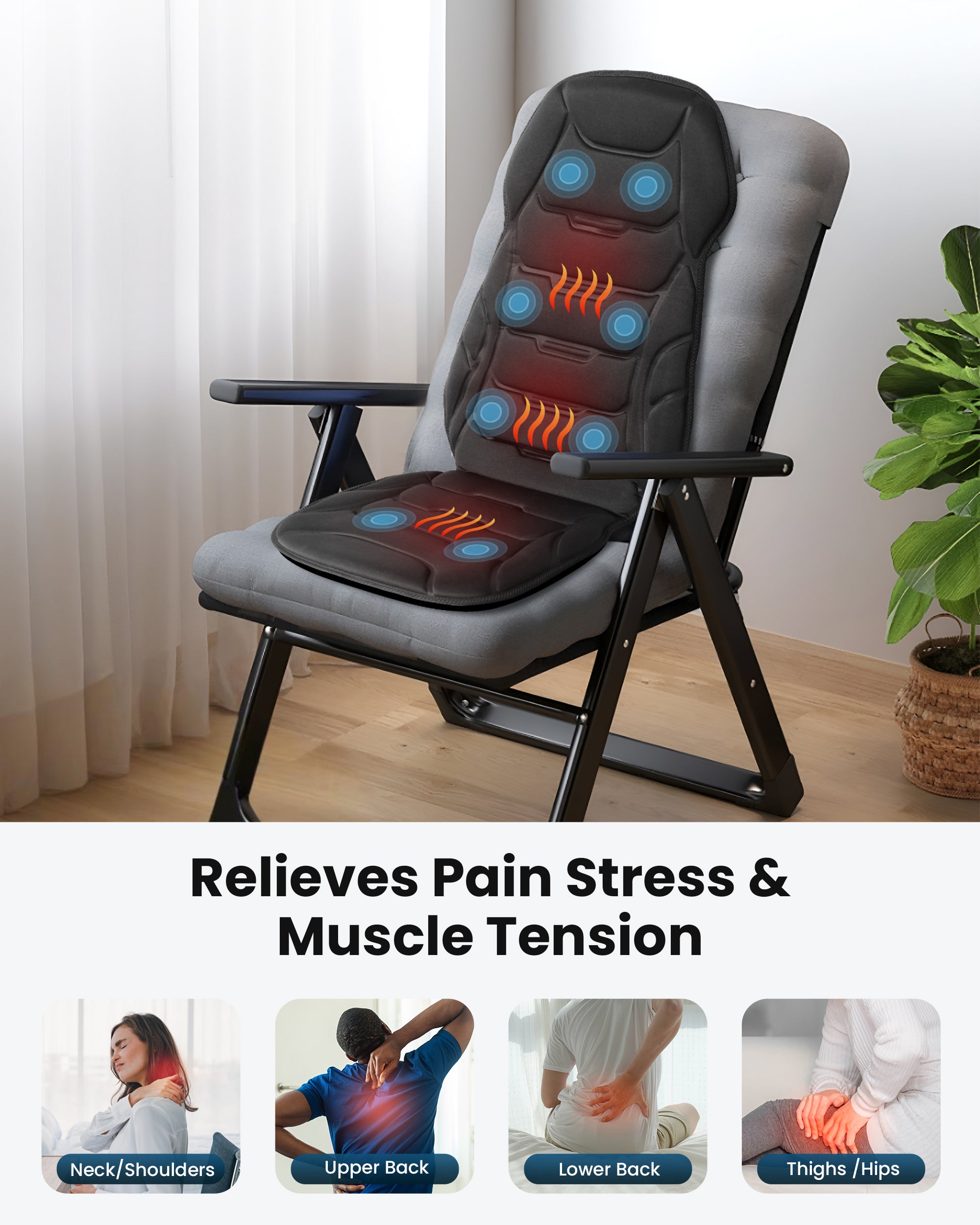 COMFIER Back Massager with Heat, Vibration Massage Seat Cushion with 8 Massage Nodes & 5 Modes, Adjustable Chair Massage Pad for Home Office, Heated Chair Pad CF-2402