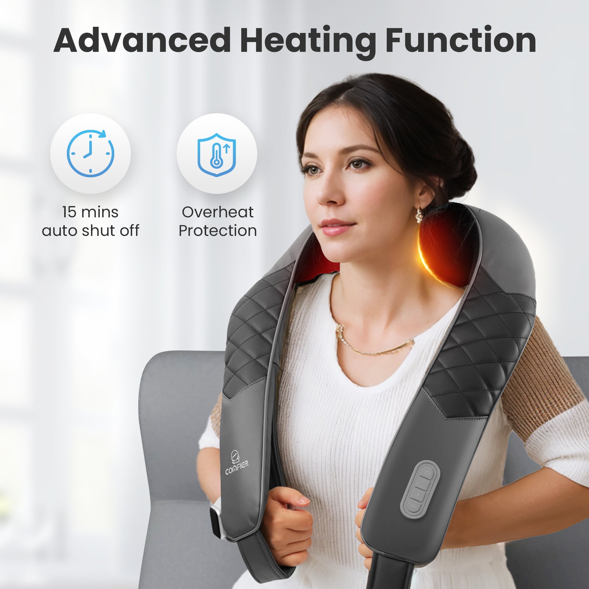 Comfier Shiatsu Neck Shoulder Massager, Back Massager with Heat, Deep Tissue 4D Kneading Pillow Massager with Portable Storage Bag, Home, Office and Car Use CF-6302U