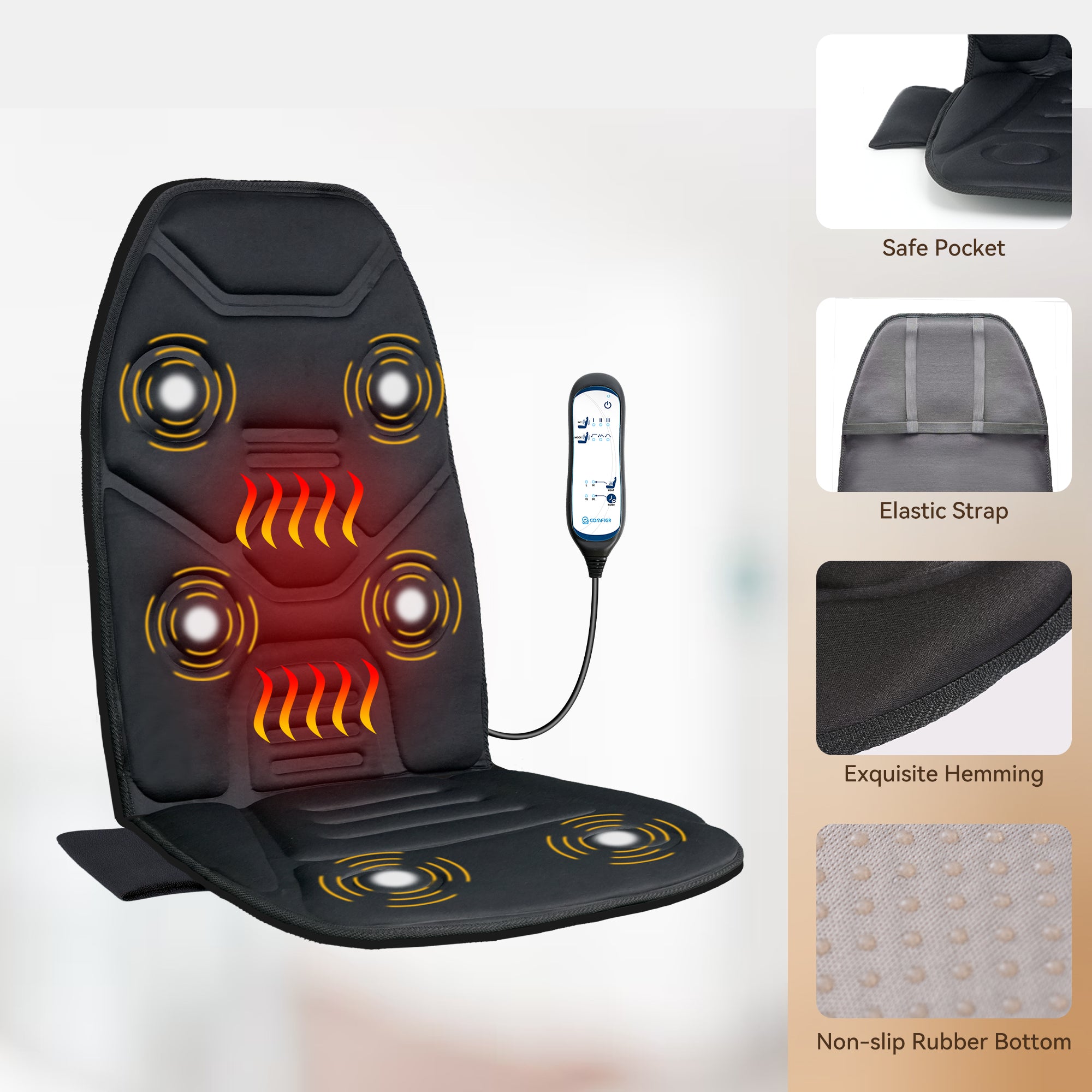 Comfier Back Massager Chair Pad, Electric Heated Massage Seat Cushion, Black - CF-2806WM