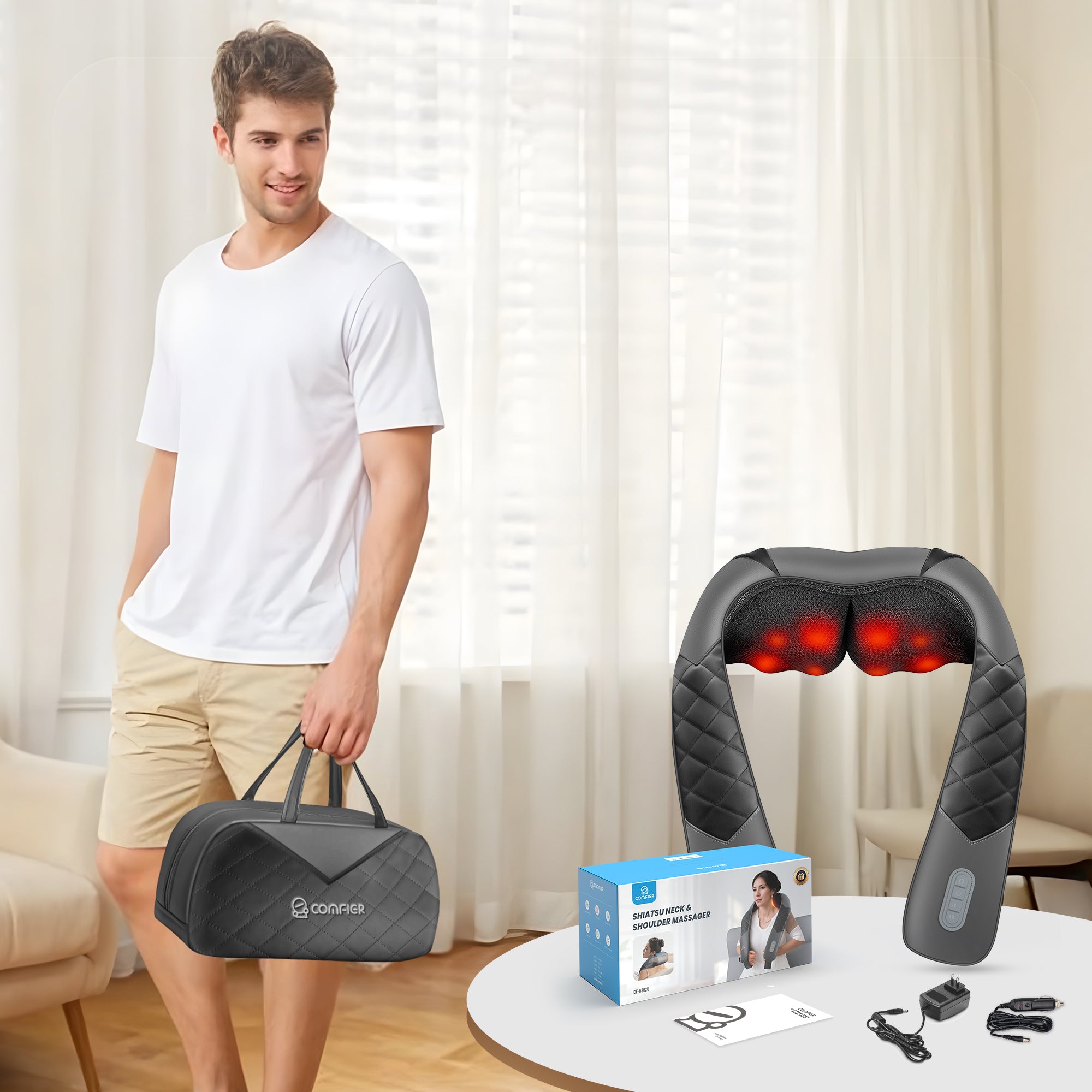 Comfier Shiatsu Neck Shoulder Massager, Back Massager with Heat, Deep Tissue 4D Kneading Pillow Massager with Portable Storage Bag, Home, Office and Car Use CF-6302U