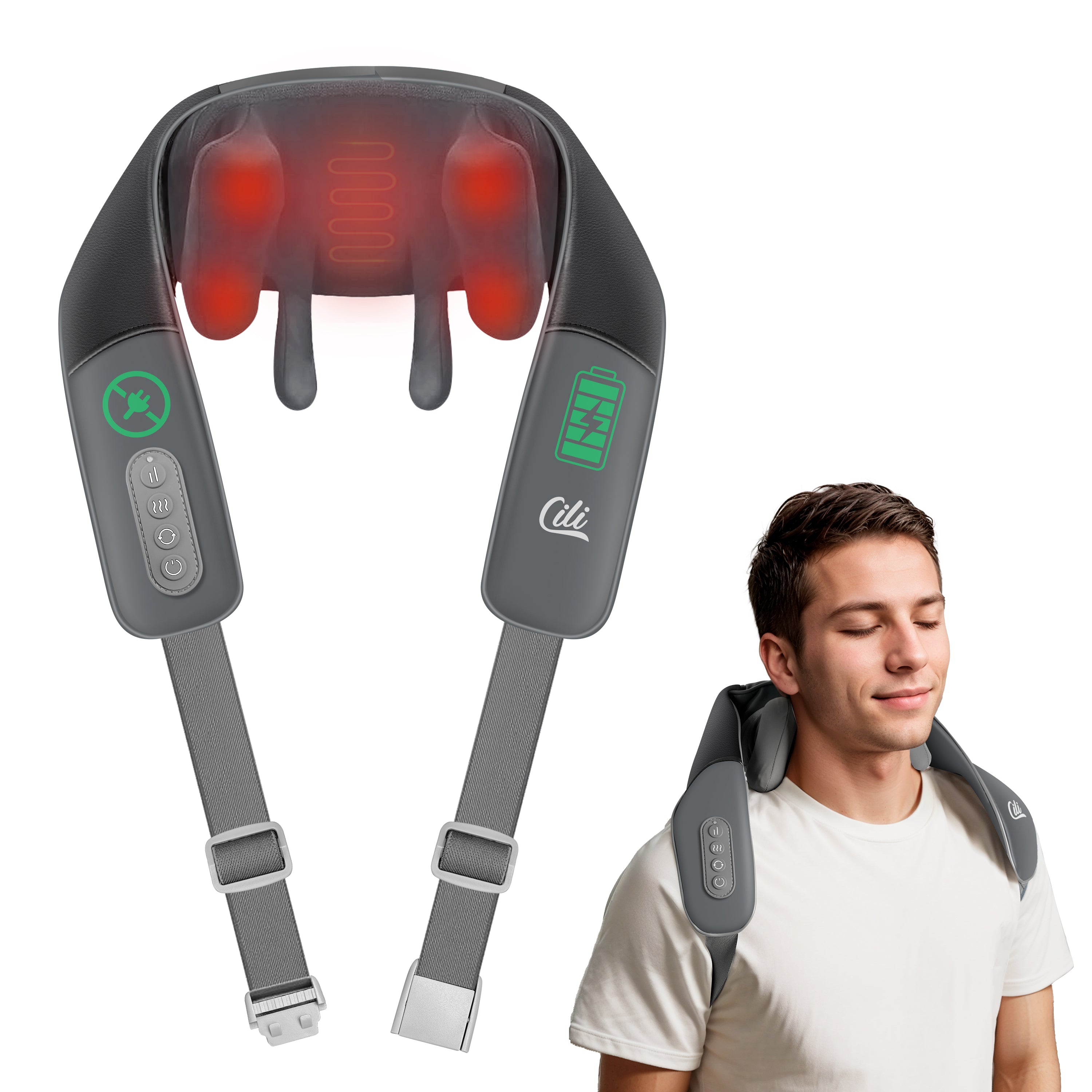 CILI Cordless Neck Massager with Heat, 4D Shiatsu Neck Shoulder Massager Deep Tissue Neck Back Massager Pillow, Wider Massage Head & More Heating Area CL-6826